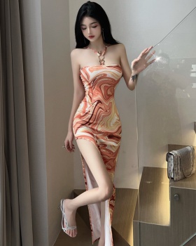 Sexy sling long dress printing split dress