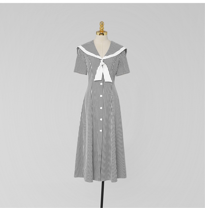 Plaid sailor collar temperament buckle dress