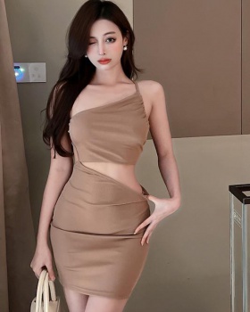 Pure slim package hip sloping shoulder hollow dress for women