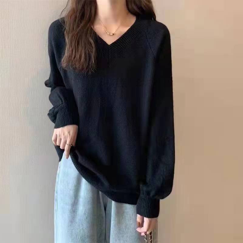 Lazy V-neck loose puff sleeve pullover sweater for women