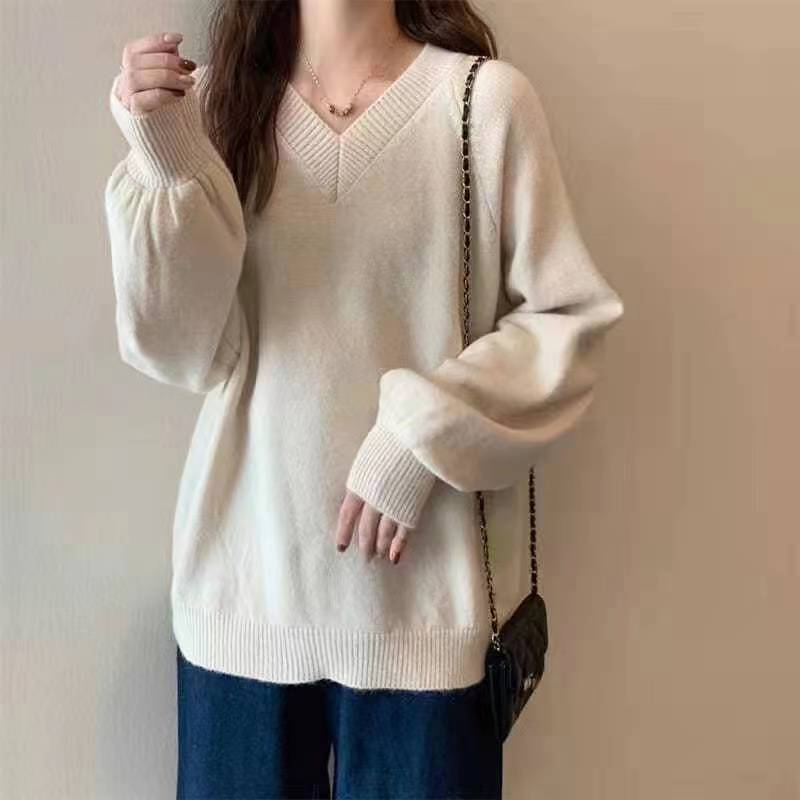 Lazy V-neck loose puff sleeve pullover sweater for women