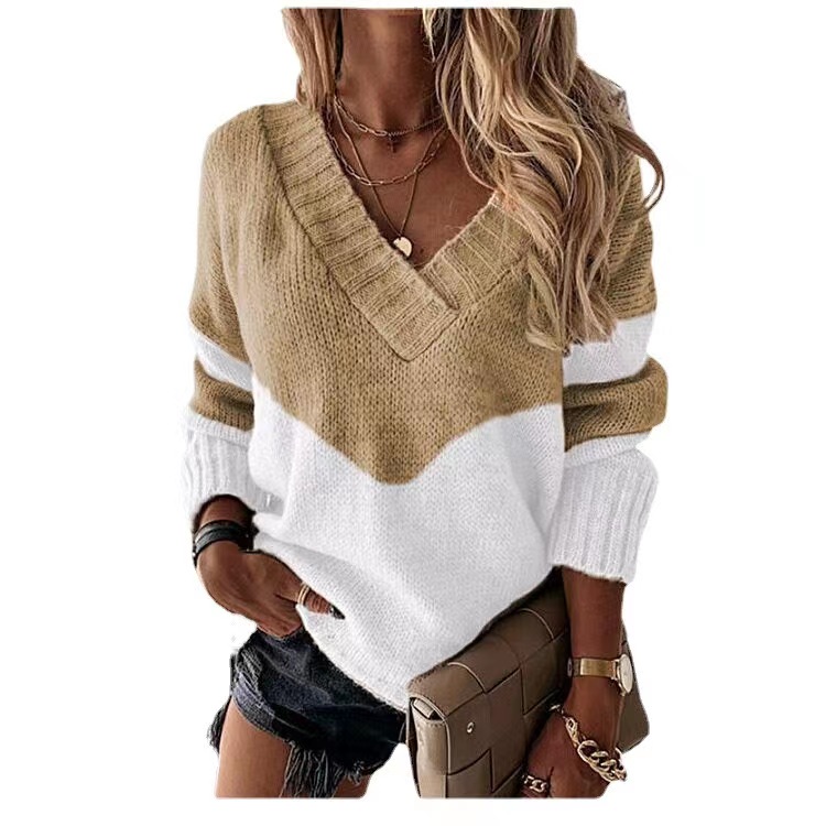 Street mixed colors loose European style V-neck sweater