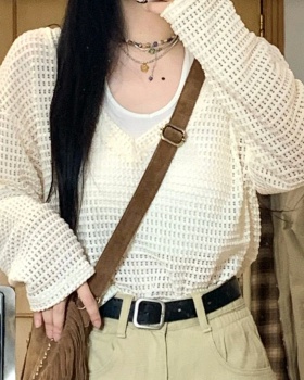 Casual hollow sweater beige long sleeve tops for women