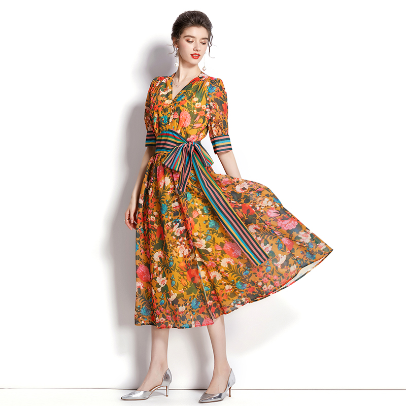 Autumn streamer long dress printing chiffon dress