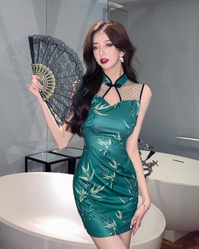 Sexy short retro splice dress gauze hollow printing cheongsam