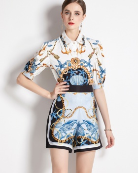 Summer retro shorts Chinese style shirt 2pcs set for women