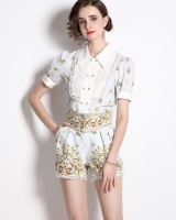 Short sleeve lace shorts double-breasted shirt a set