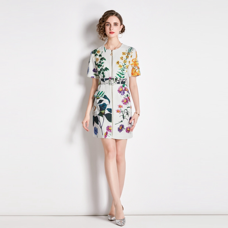 Temperament short sleeve beading slim printing dress