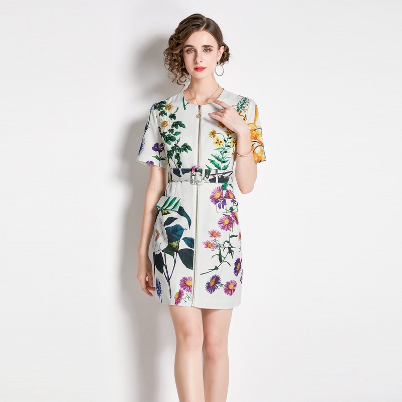 Temperament short sleeve beading slim printing dress