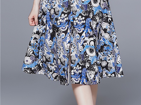Pinched waist big skirt elegant temperament printing dress