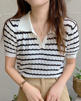 Stripe hollow knitted short sleeve T-shirt for women