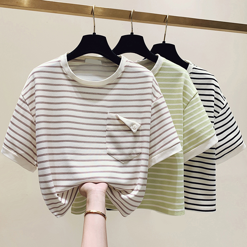 Summer pure cotton loose short sleeve stripe T-shirt for women