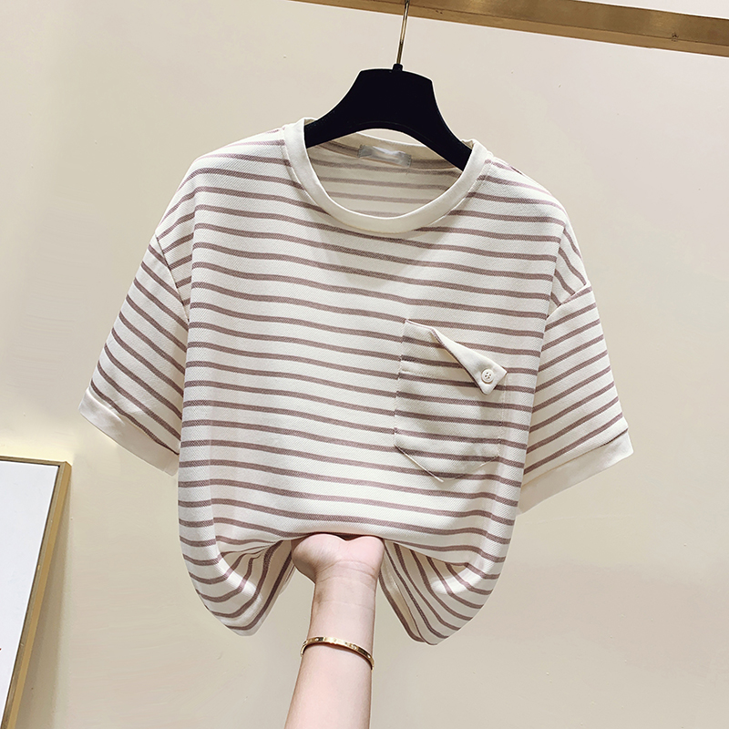 Summer pure cotton loose short sleeve stripe T-shirt for women