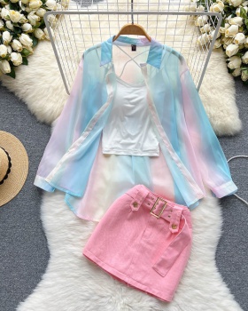 Sling rainbow tops summer ice silk short skirt 3pcs set for women
