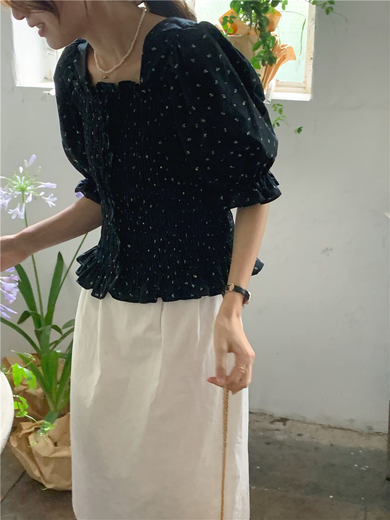 Korean style fresh short sleeve elastic slim pinched waist shirt