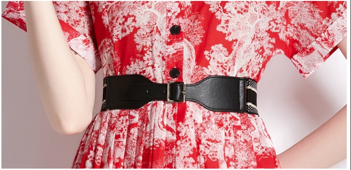 Short sleeve summer lapel with belt dress for women