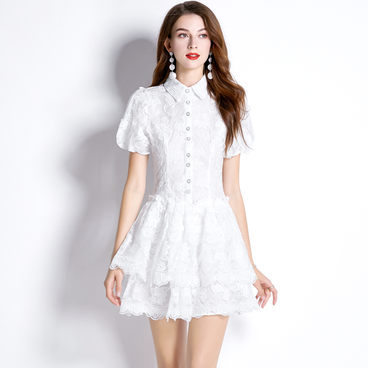 Embroidery France style dress puff sleeve lady dress