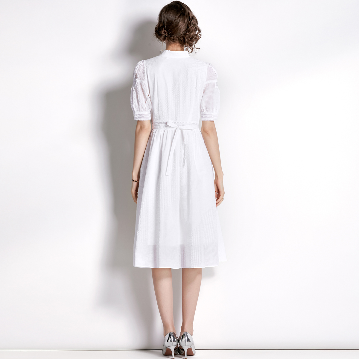 Pinched waist white dress retro long dress for women