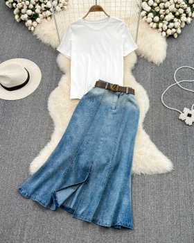 Denim fashion loose skirt retro summer T-shirt 2pcs set