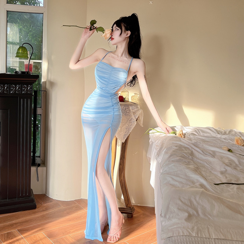 Gauze split vacation dress fold sexy long dress for women