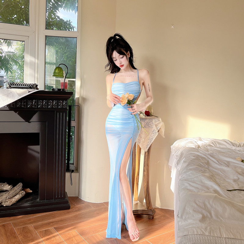 Gauze split vacation dress fold sexy long dress for women