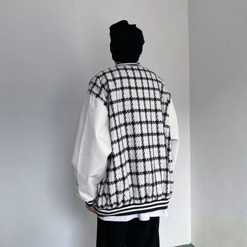 Knitted Korean style spring tops plaid slim long sleeve cardigan