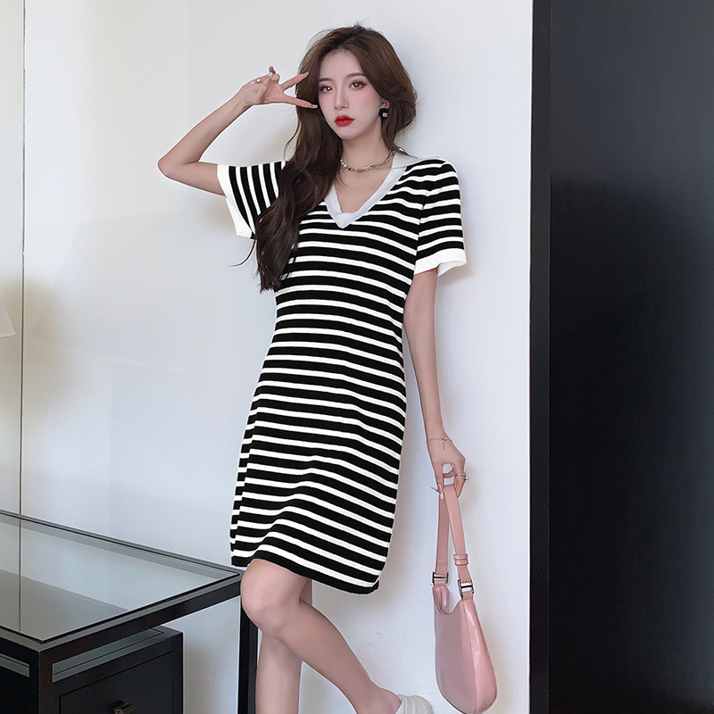 Temperament stripe loose summer knitted Korean style dress