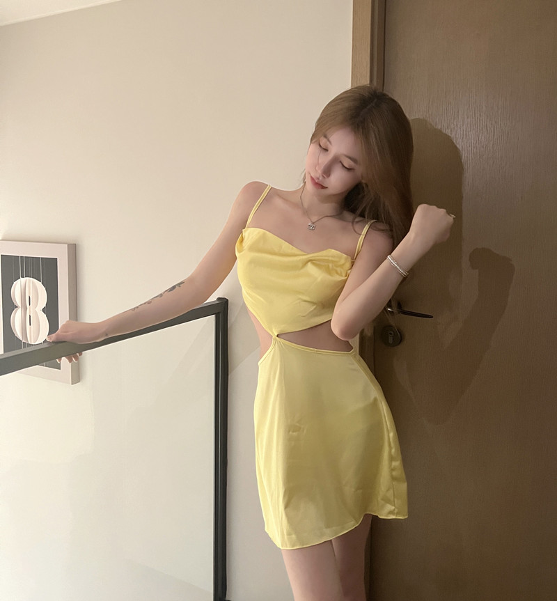 Sexy hollow sling halter yellow spicegirl dress for women