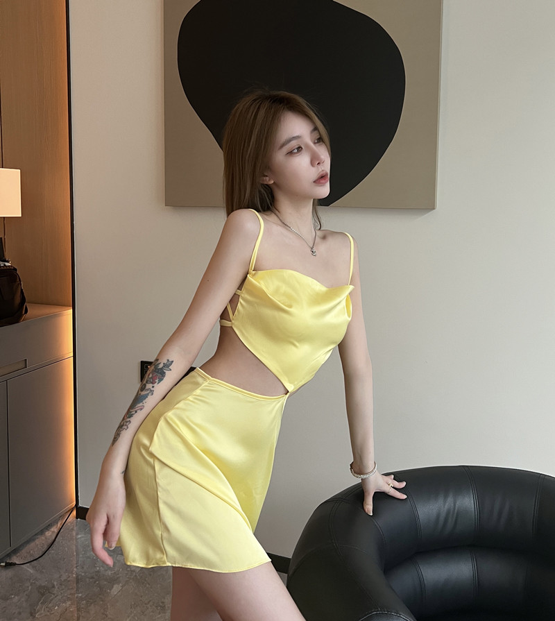Sexy hollow sling halter yellow spicegirl dress for women