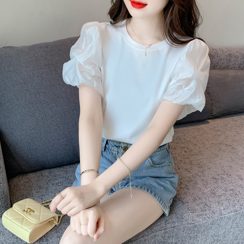 Summer white T-shirt loose puff sleeve tops for women
