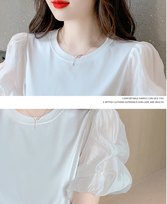 Summer white T-shirt loose puff sleeve tops for women