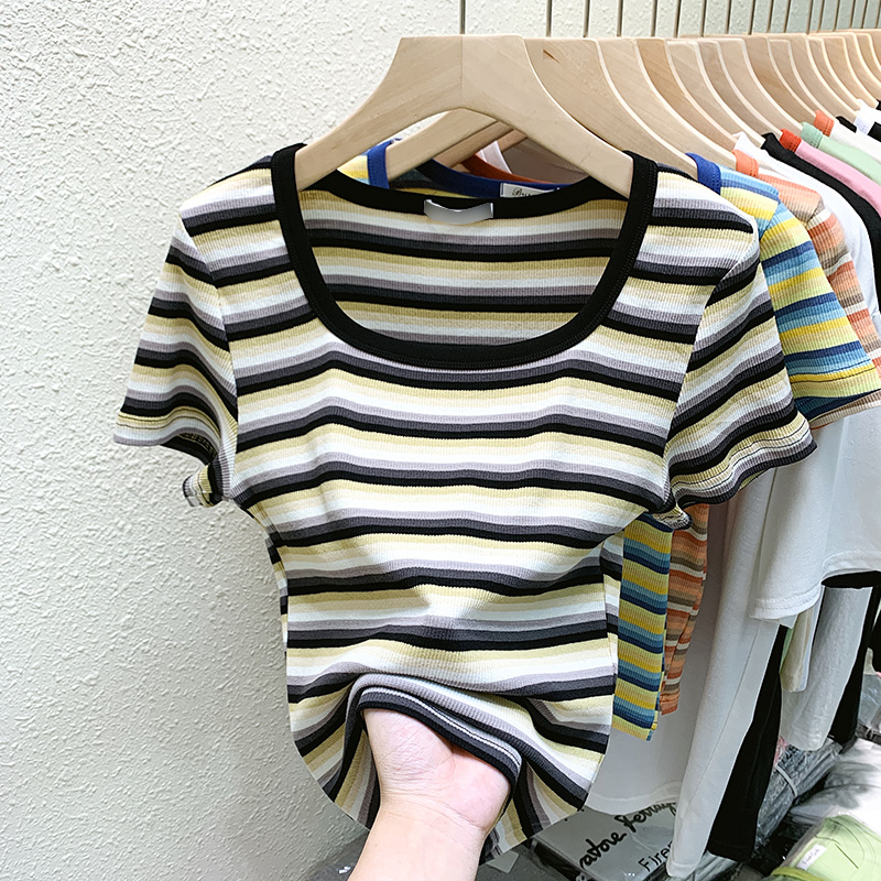 Slim short sleeve tops stripe short T-shirt for women