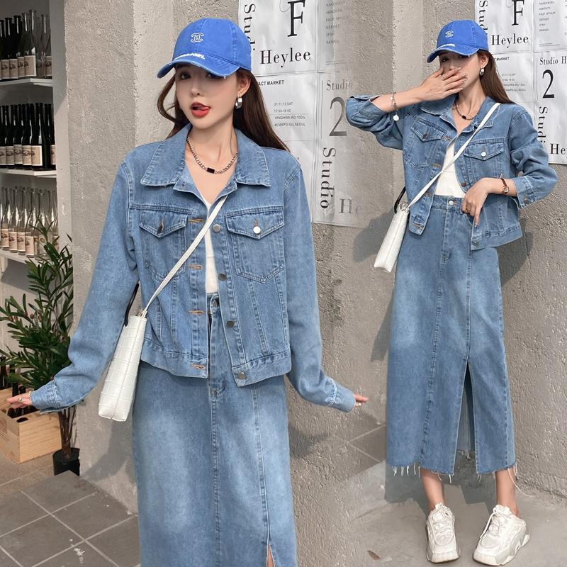 All-match lapel skirt Korean style denim coat a set for women