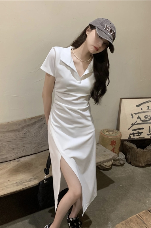 Split irregular dress package hip white long dress