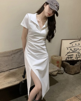 Split irregular dress package hip white long dress