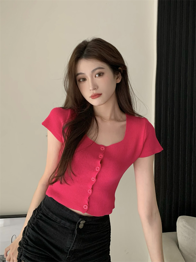 Short sleeve slim sweater all-match square collar tops