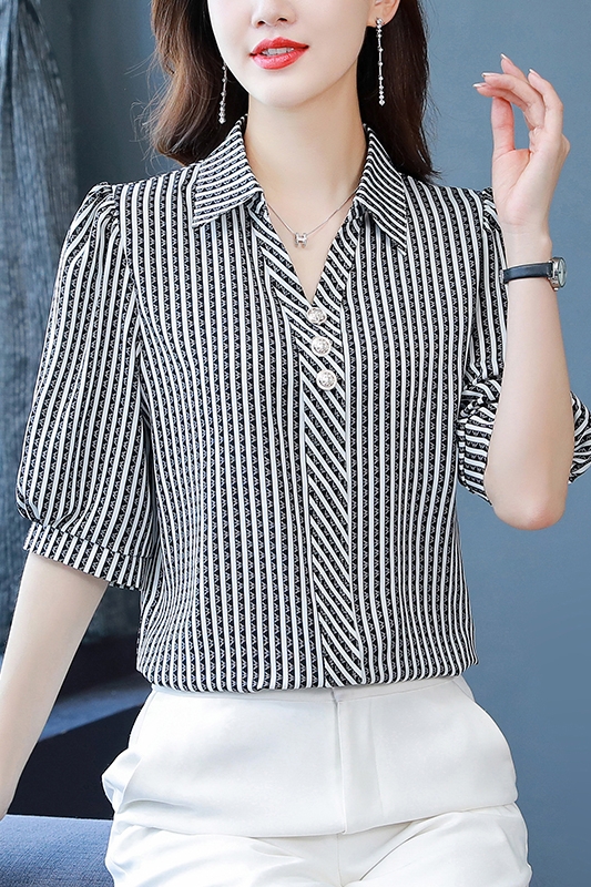 Summer V-neck tops stripe shirt for women