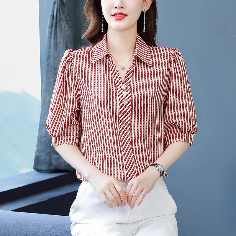 Summer V-neck tops stripe shirt for women