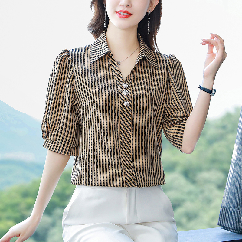 Summer V-neck tops stripe shirt for women