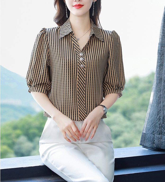 Summer V-neck tops stripe shirt for women