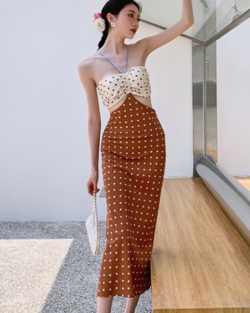 France style polka dot dress brown strap dress