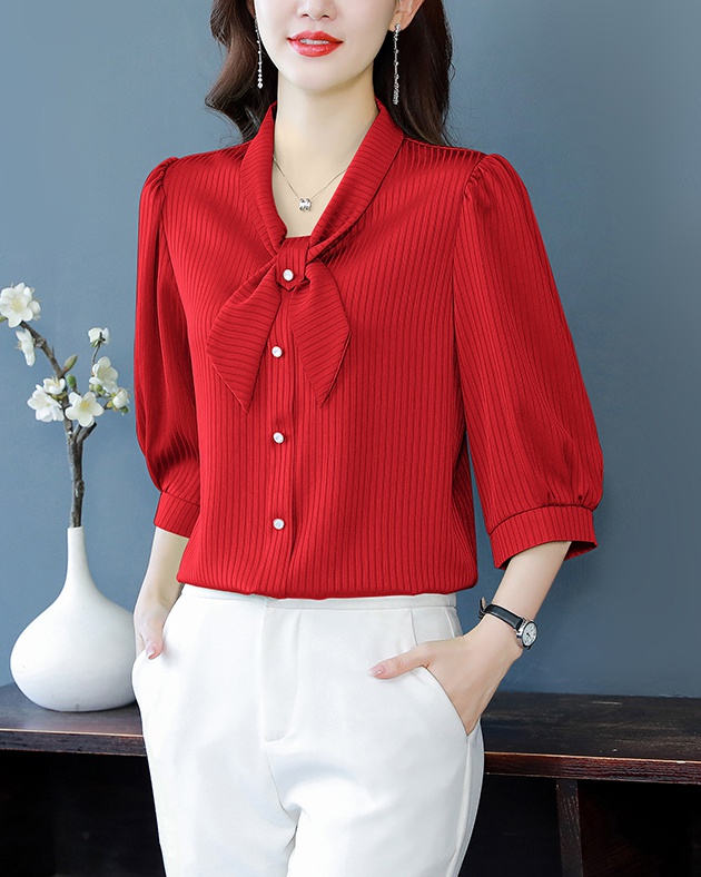 Slim short sleeve shirt all-match bow small shirt for women