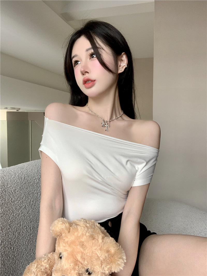 Bottoming white stone T-shirt Casual sloping shoulder tops