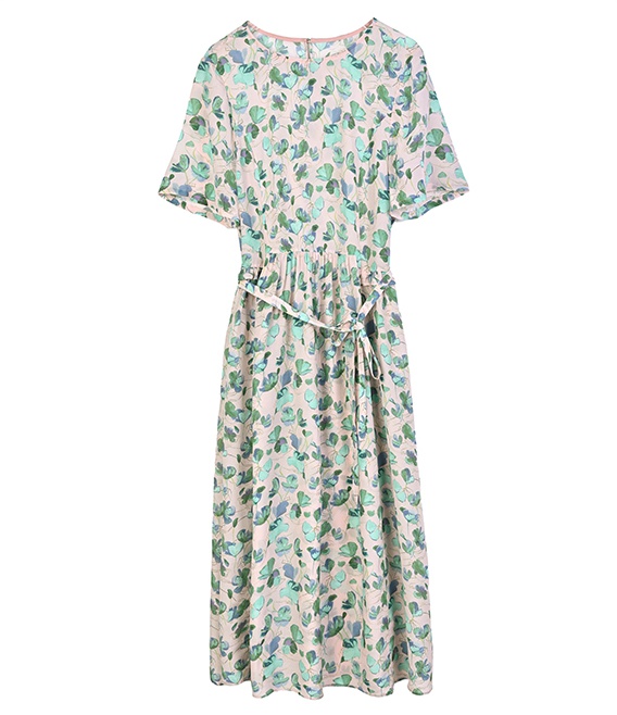 Short sleeve pinched waist long dress silk summer dress