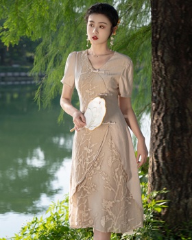 Chinese style pinched waist slim summer embroidered dress