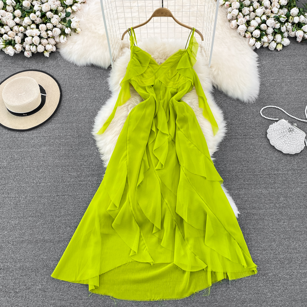 Lotus leaf edges seaside dress lady strap dress