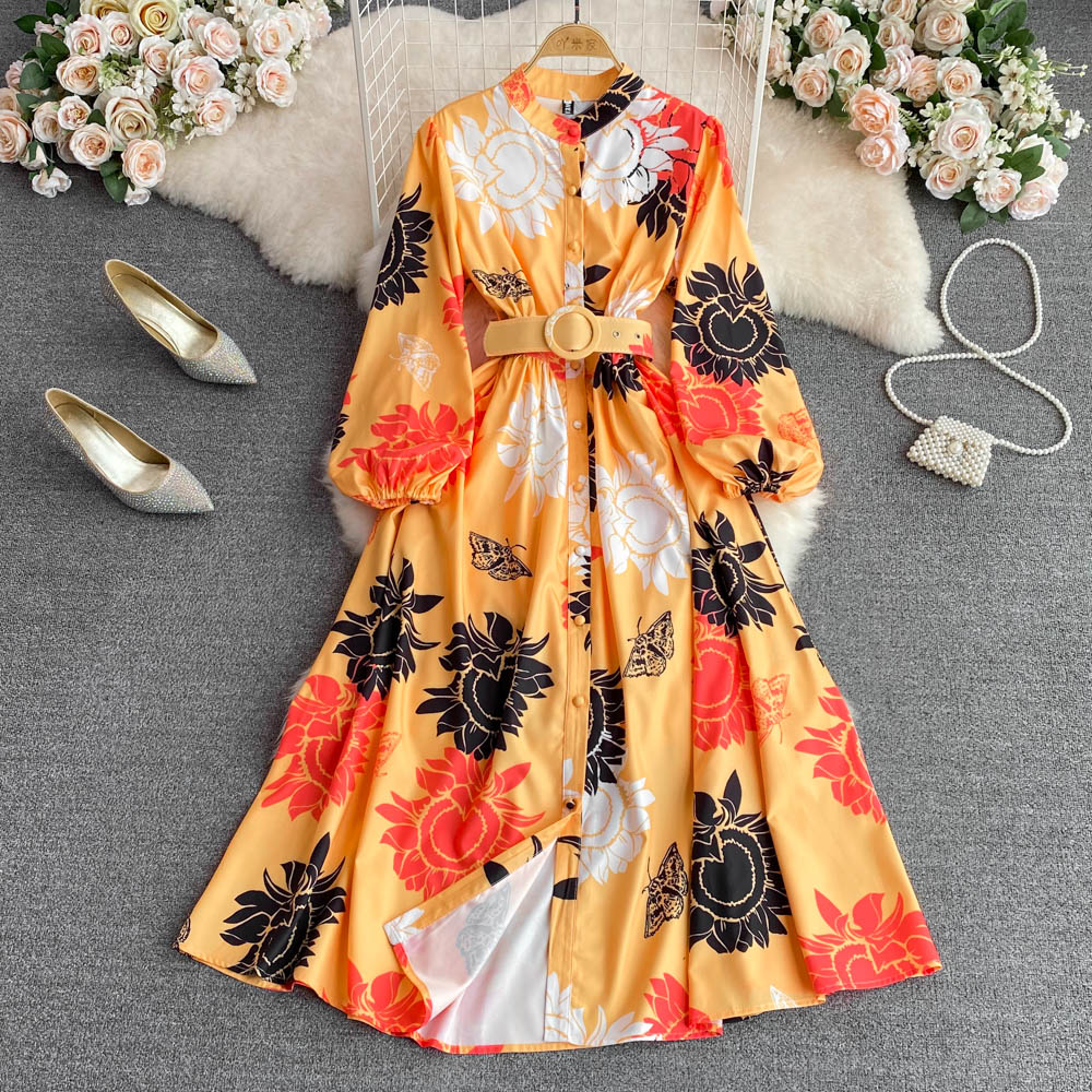 Round neck printing long dress pinched waist dress