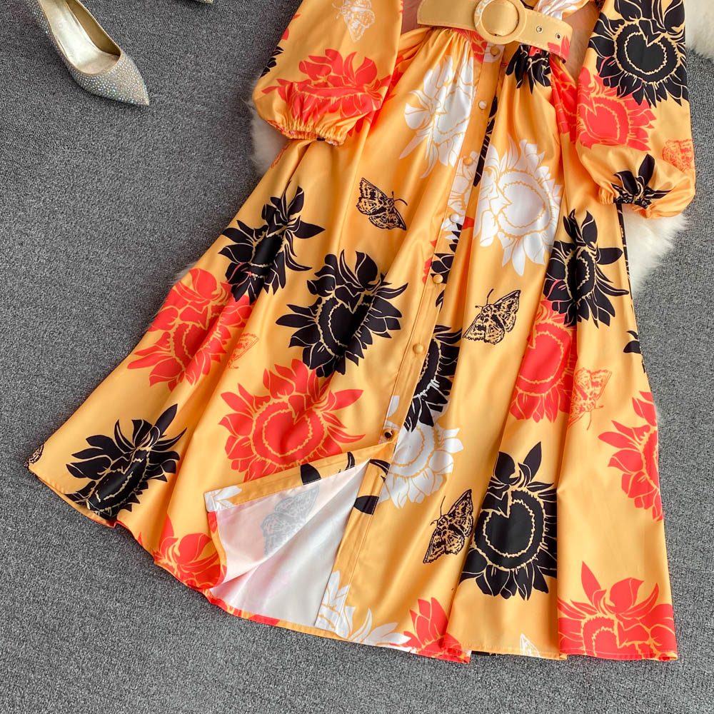 Round neck printing long dress pinched waist dress