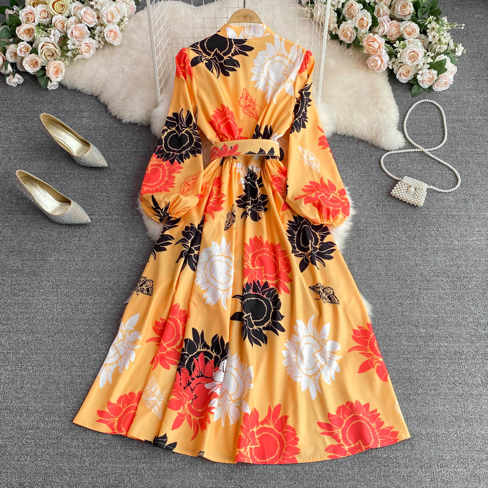 Round neck printing long dress pinched waist dress