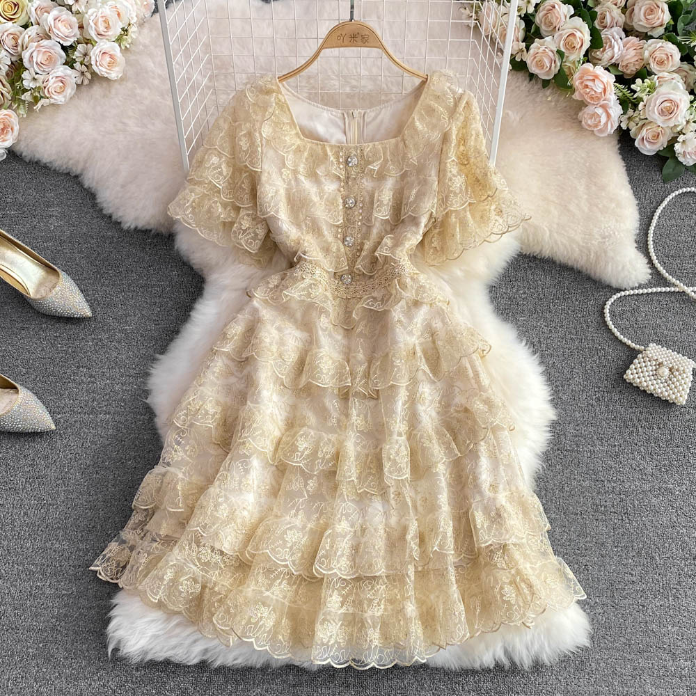 Retro slim summer lace square collar light dress